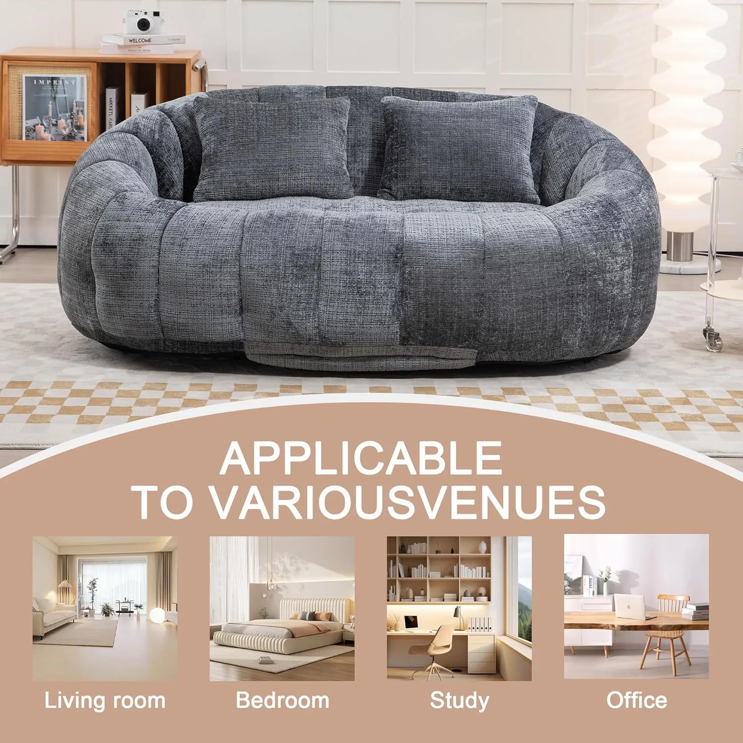 Bean Bag Sofa, Comfy Loveseat with 2 Pillows, Soft Giant Bean Bag Chair, Cozy Round Lazy Sofa with Wide Backrest for Living Room, Reading Room and Bedroom, Gray