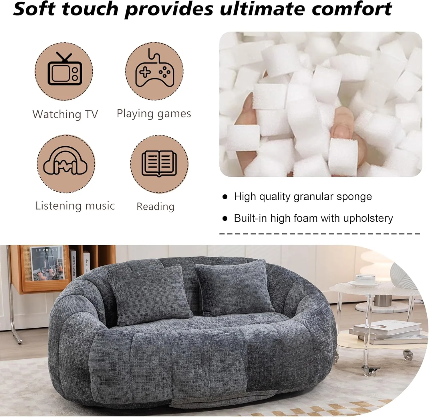 Bean Bag Sofa, Comfy Loveseat with 2 Pillows, Soft Giant Bean Bag Chair, Cozy Round Lazy Sofa with Wide Backrest for Living Room, Reading Room and Bedroom, Gray