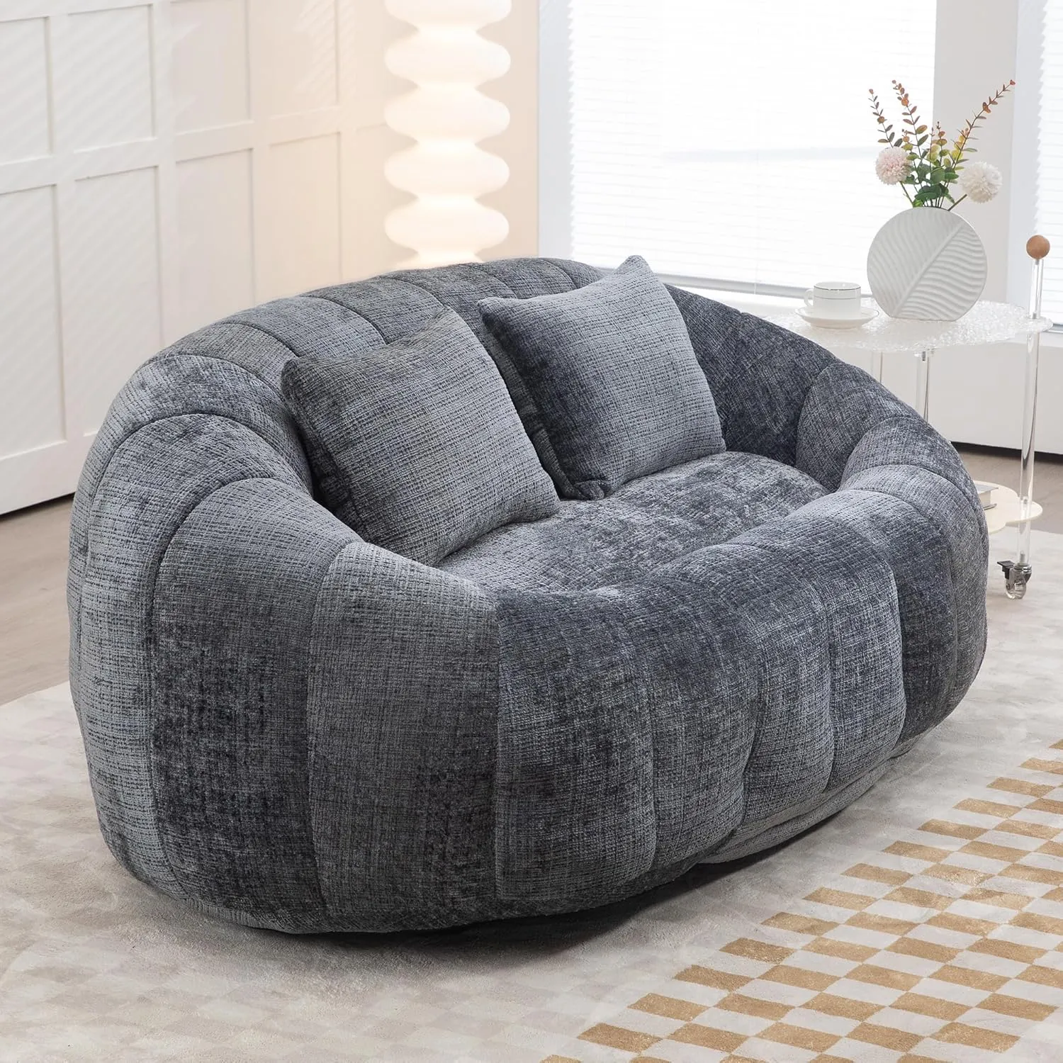 Bean Bag Sofa, Comfy Loveseat with 2 Pillows, Soft Giant Bean Bag Chair, Cozy Round Lazy Sofa with Wide Backrest for Living Room, Reading Room and Bedroom, Gray