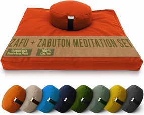 Bean Products Meditation Cushion Mat Set - Zafu Floor Pillow Organic Buckwheat Pillow   Cotton Filled Zabuton Prayer Pad - Meditation Pillow Yoga Knee Pad - Made in USA - 14" Round or 18" Oval