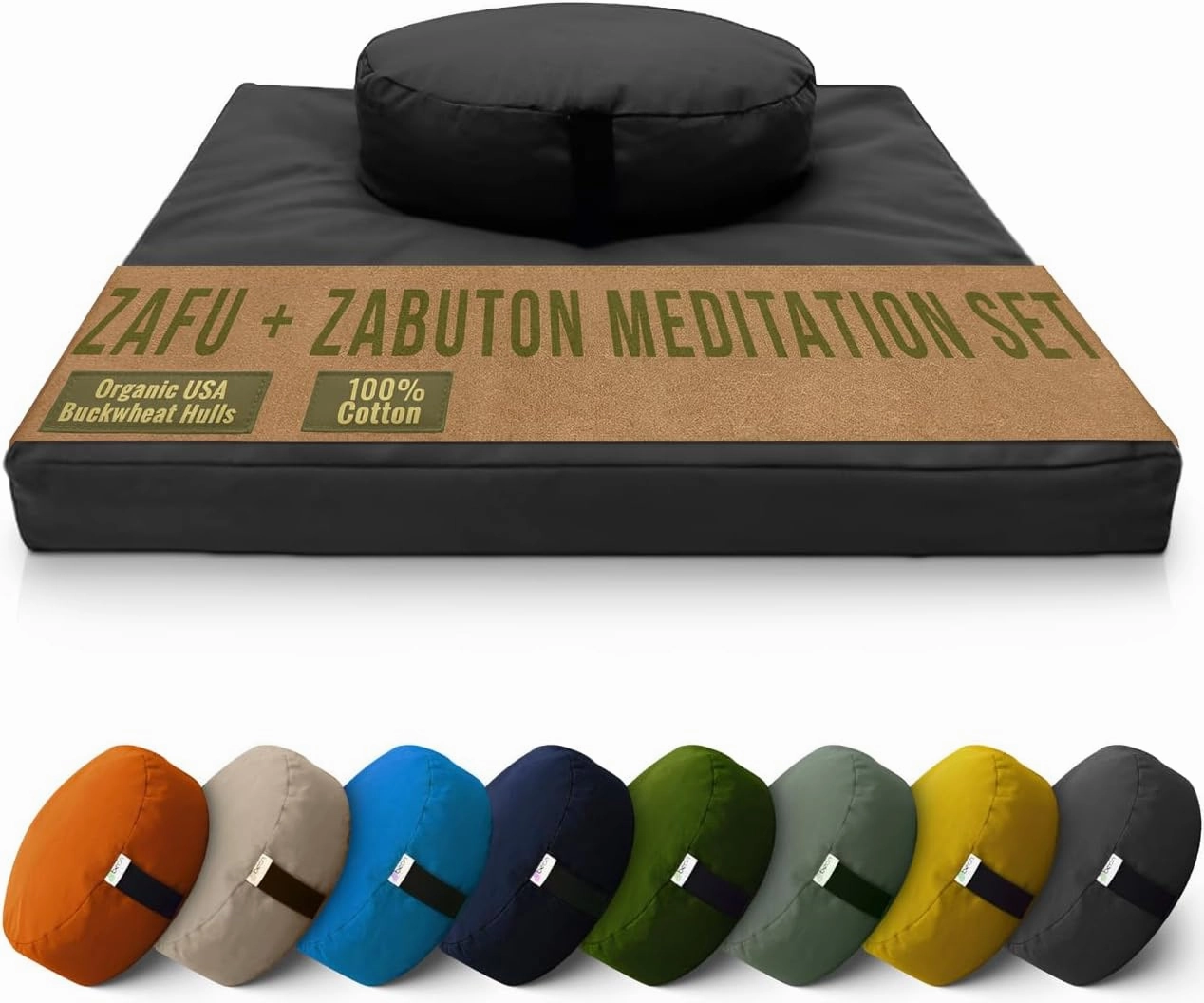 Bean Products Meditation Cushion Mat Set - Zafu Floor Pillow Organic Buckwheat Pillow   Cotton Filled Zabuton Prayer Pad - Meditation Pillow Yoga Knee Pad - Made in USA - 14" Round or 18" Oval
