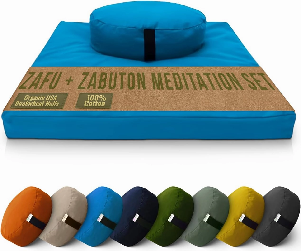 Bean Products Meditation Cushion Mat Set - Zafu Floor Pillow Organic Buckwheat Pillow   Cotton Filled Zabuton Prayer Pad - Meditation Pillow Yoga Knee Pad - Made in USA - 14" Round or 18" Oval