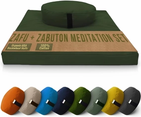 Bean Products Meditation Cushion Mat Set - Zafu Floor Pillow Organic Buckwheat Pillow   Cotton Filled Zabuton Prayer Pad - Meditation Pillow Yoga Knee Pad - Made in USA - 14" Round or 18" Oval
