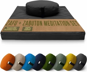 Bean Products Meditation Cushion Mat Set - Zafu Floor Pillow Organic Buckwheat Pillow   Cotton Filled Zabuton Prayer Pad - Meditation Pillow Yoga Knee Pad - Made in USA - 14" Round or 18" Oval