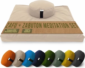Bean Products Meditation Cushion Mat Set - Zafu Floor Pillow Organic Buckwheat Pillow   Cotton Filled Zabuton Prayer Pad - Meditation Pillow Yoga Knee Pad - Made in USA - 14" Round or 18" Oval