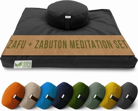 Bean Products Meditation Cushion Mat Set - Zafu Floor Pillow Organic Buckwheat Pillow   Cotton Filled Zabuton Prayer Pad - Meditation Pillow Yoga Knee Pad - Made in USA - 14" Round or 18" Oval
