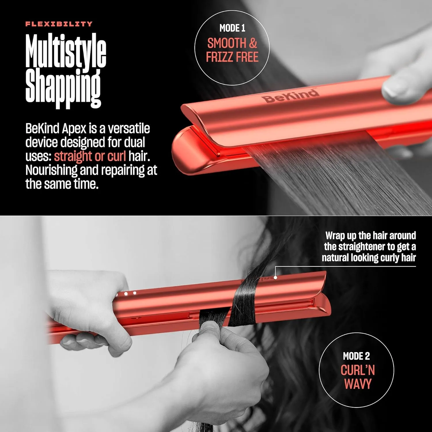 Bekind Apex 2-in-1 Hair Straightener Flat Iron | 1“ 450°F Straightener and Curler for All Hairstyles | UltraSmooth Tech | 15s Fast Heating & Temp Memory | Gift Set for Girls Women (Coral)
