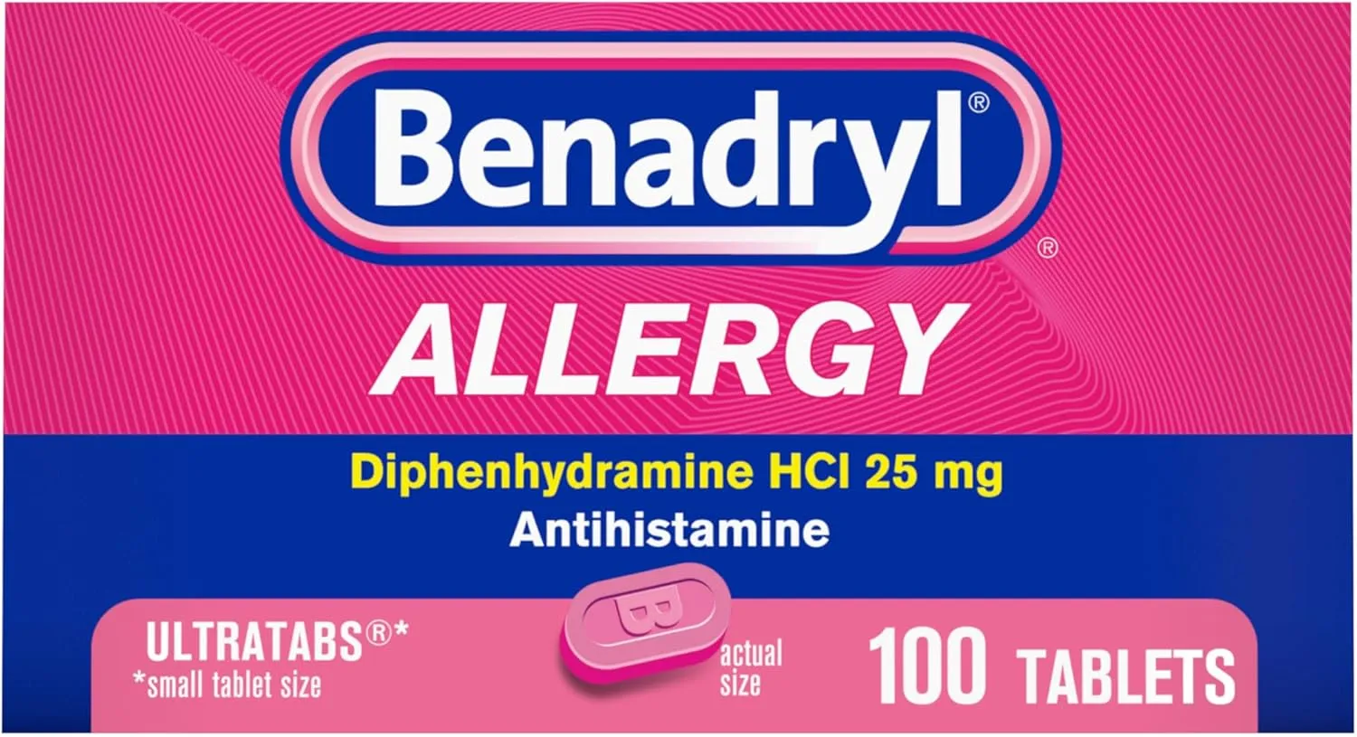 Benadryl Ultratabs Antihistamine Allergy Relief Medicine, Diphenhydramine HCl Tablets For Relief of Cold & Allergy Symptoms Such as Sneezing, Runny Nose, & Itchy Eyes & Throat, 100 ct