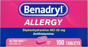 Benadryl Ultratabs Antihistamine Allergy Relief Medicine, Diphenhydramine HCl Tablets For Relief of Cold & Allergy Symptoms Such as Sneezing, Runny Nose, & Itchy Eyes & Throat, 100 ct