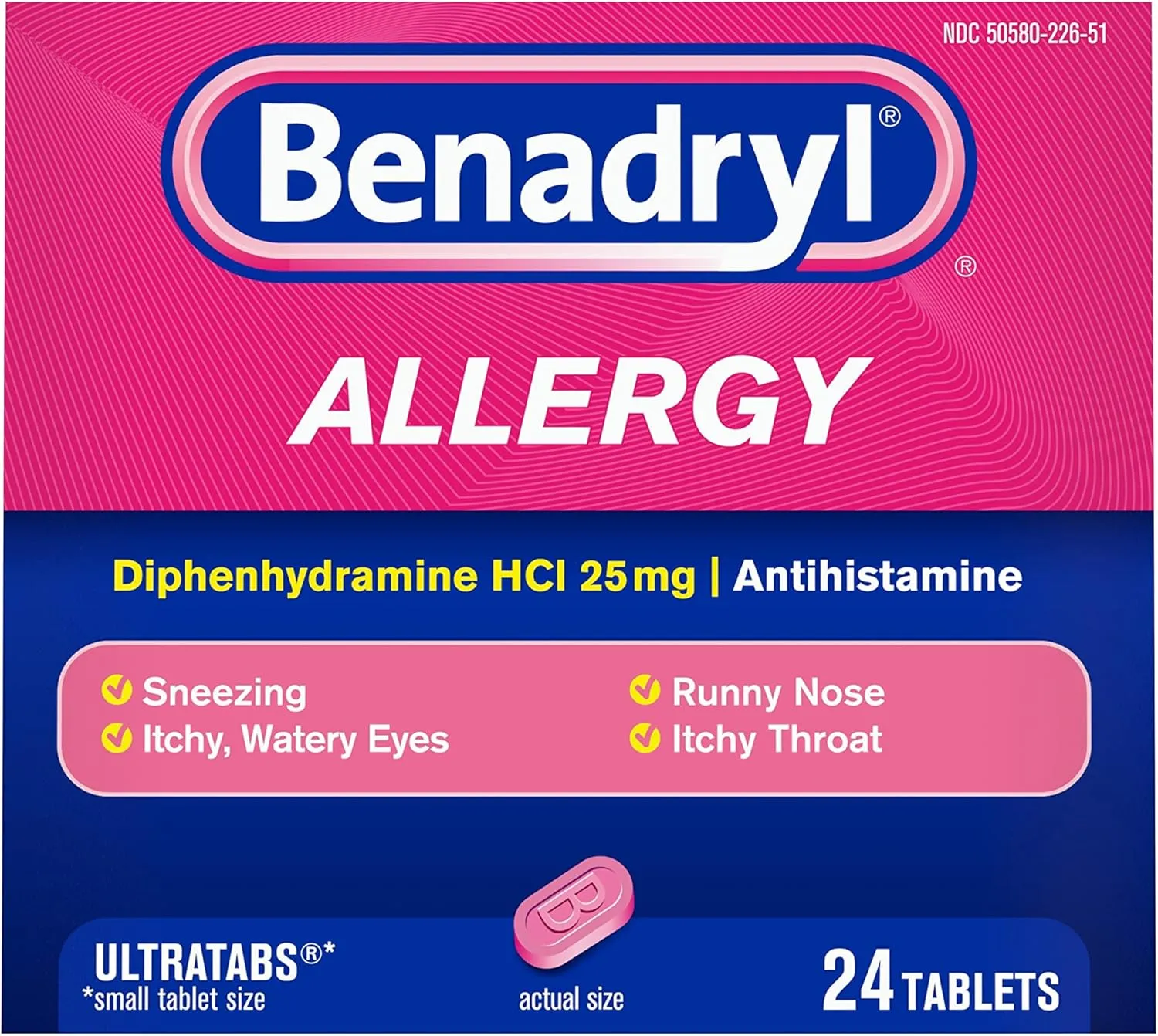 Benadryl Ultratabs Antihistamine Allergy Relief Tablets, Diphenhydramine HCl 25mg, 24 Count (Pack of 2)