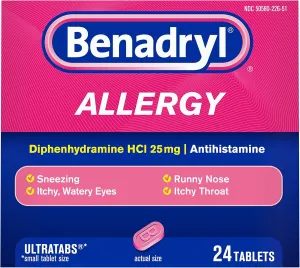 Benadryl Ultratabs Antihistamine Allergy Relief Tablets, Diphenhydramine HCl 25mg, 24 Count (Pack of 2)