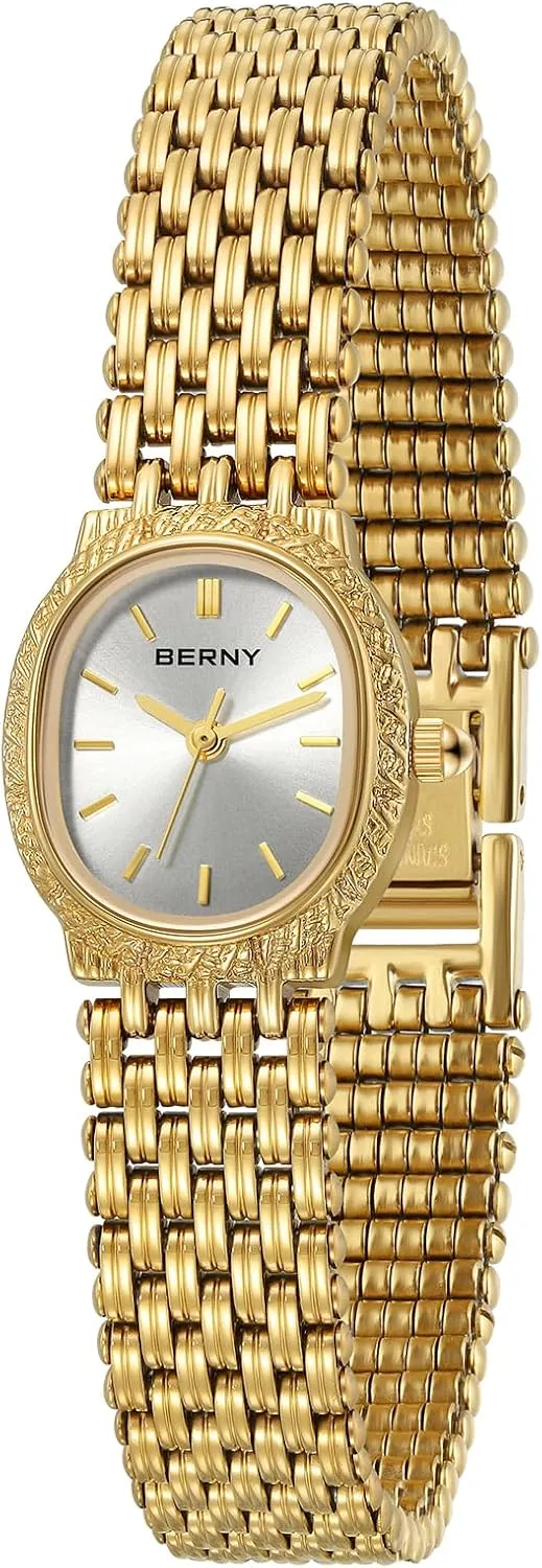 BERNY Gold Watches for Women Oval Ladies Small Watch Quartz Movement 3ATM Waterproof Female Wrist Watch Small and Exquisite Tools Included