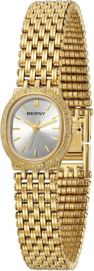 BERNY Gold Watches for Women Oval Ladies Small Watch Quartz Movement 3ATM Waterproof Female Wrist Watch Small and Exquisite Tools Included