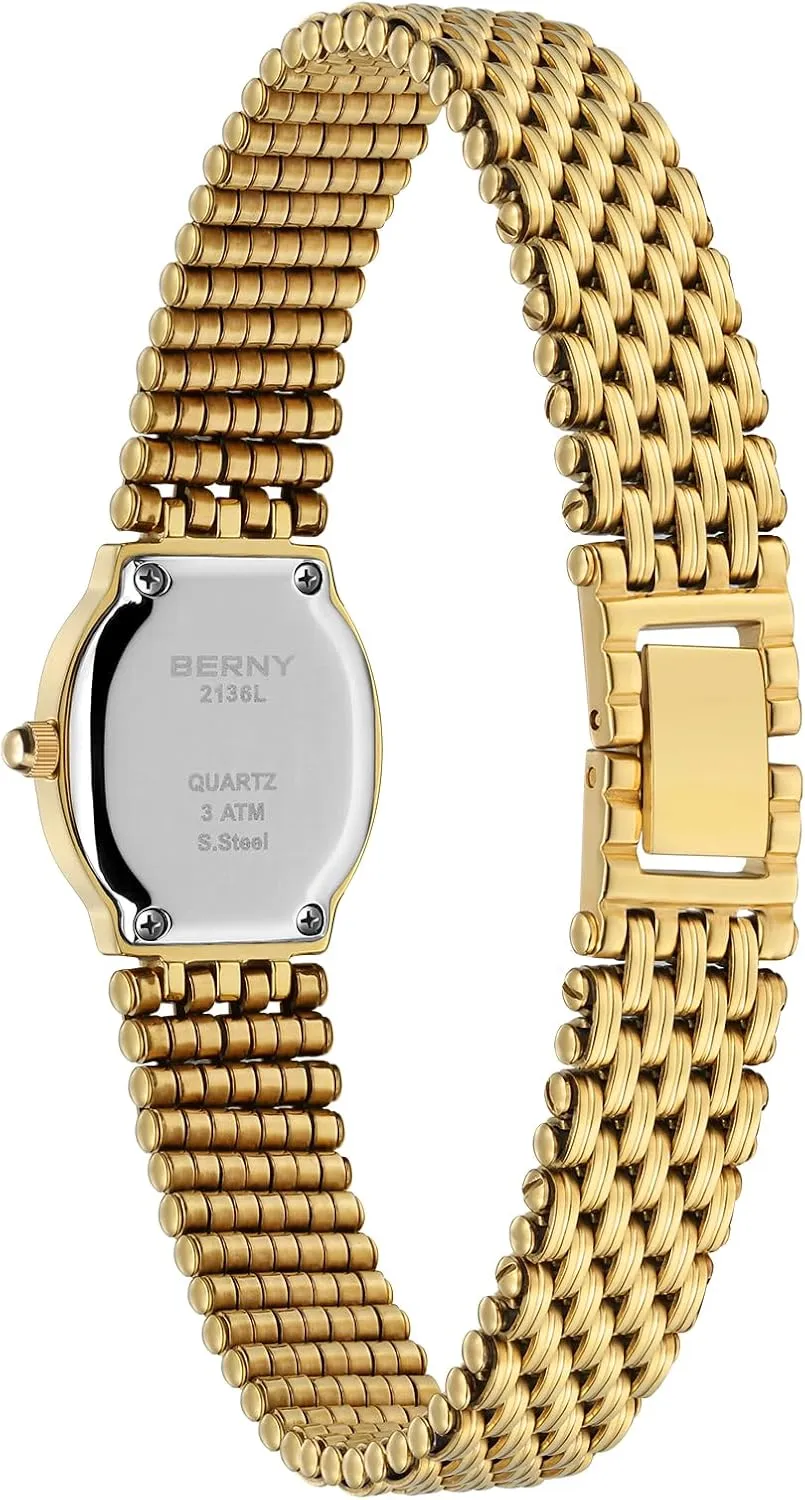 BERNY Gold Watches for Women Oval Ladies Small Watch Quartz Movement 3ATM Waterproof Female Wrist Watch Small and Exquisite Tools Included
