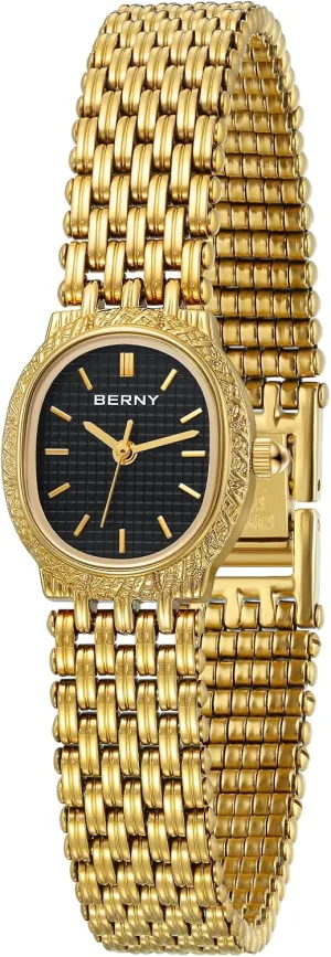 BERNY Gold Watches for Women Vintage Bracelet Wrist Watch Luxury Small Ladies Oval Quartz Watch with Tools Included