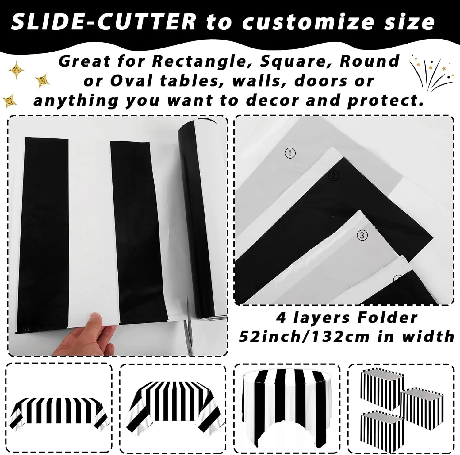 Black and White Stripe Tablecloth Roll 52 in x 100 Ft Black Stripe Picnic Party Supplies Camping Party Tablecloth for Indoor Outdoor Events Family Birthday Banquet Parties and Celebrations（Plastic ）