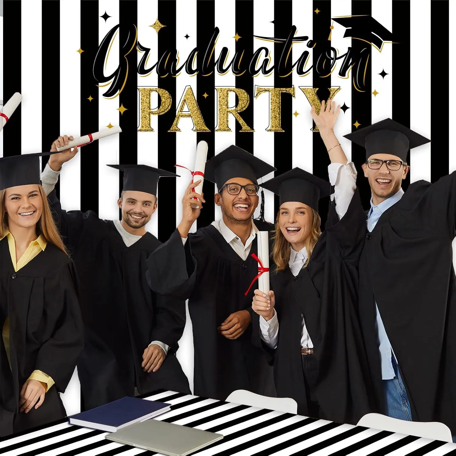 Black and White Stripe Tablecloth Roll 52 in x 100 Ft Black Stripe Picnic Party Supplies Camping Party Tablecloth for Indoor Outdoor Events Family Birthday Banquet Parties and Celebrations（Plastic ）
