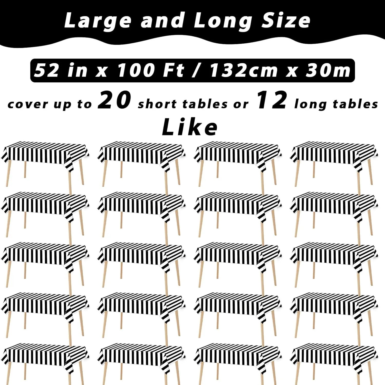 Black and White Stripe Tablecloth Roll 52 in x 100 Ft Black Stripe Picnic Party Supplies Camping Party Tablecloth for Indoor Outdoor Events Family Birthday Banquet Parties and Celebrations（Plastic ）