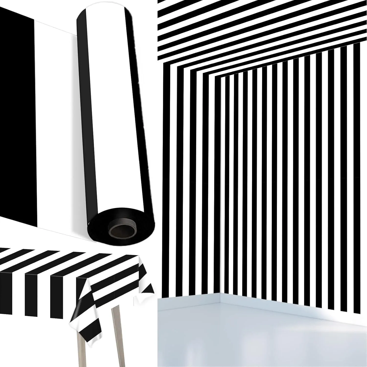 Black and White Stripe Tablecloth Roll 52 in x 100 Ft Black Stripe Picnic Party Supplies Camping Party Tablecloth for Indoor Outdoor Events Family Birthday Banquet Parties and Celebrations（Plastic ）