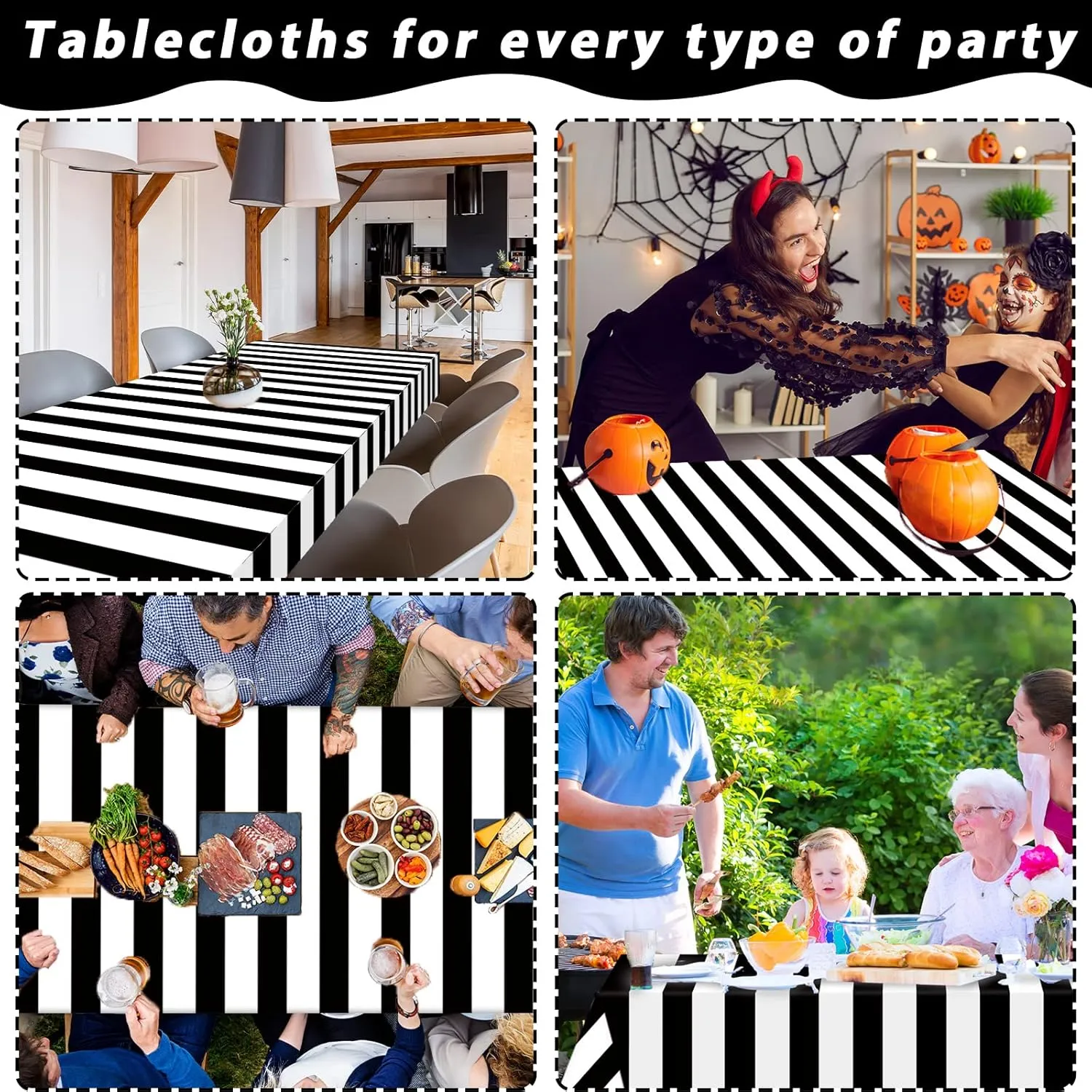 Black and White Stripe Tablecloth Roll 52 in x 100 Ft Black Stripe Picnic Party Supplies Camping Party Tablecloth for Indoor Outdoor Events Family Birthday Banquet Parties and Celebrations（Plastic ）