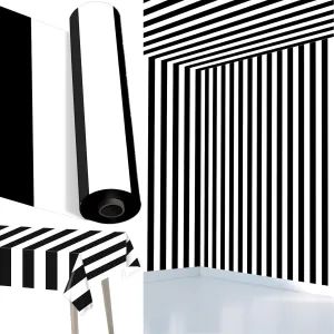 Black and White Stripe Tablecloth Roll 52 in x 100 Ft Black Stripe Picnic Party Supplies Camping Party Tablecloth for Indoor Outdoor Events Family Birthday Banquet Parties and Celebrations（Plastic ）