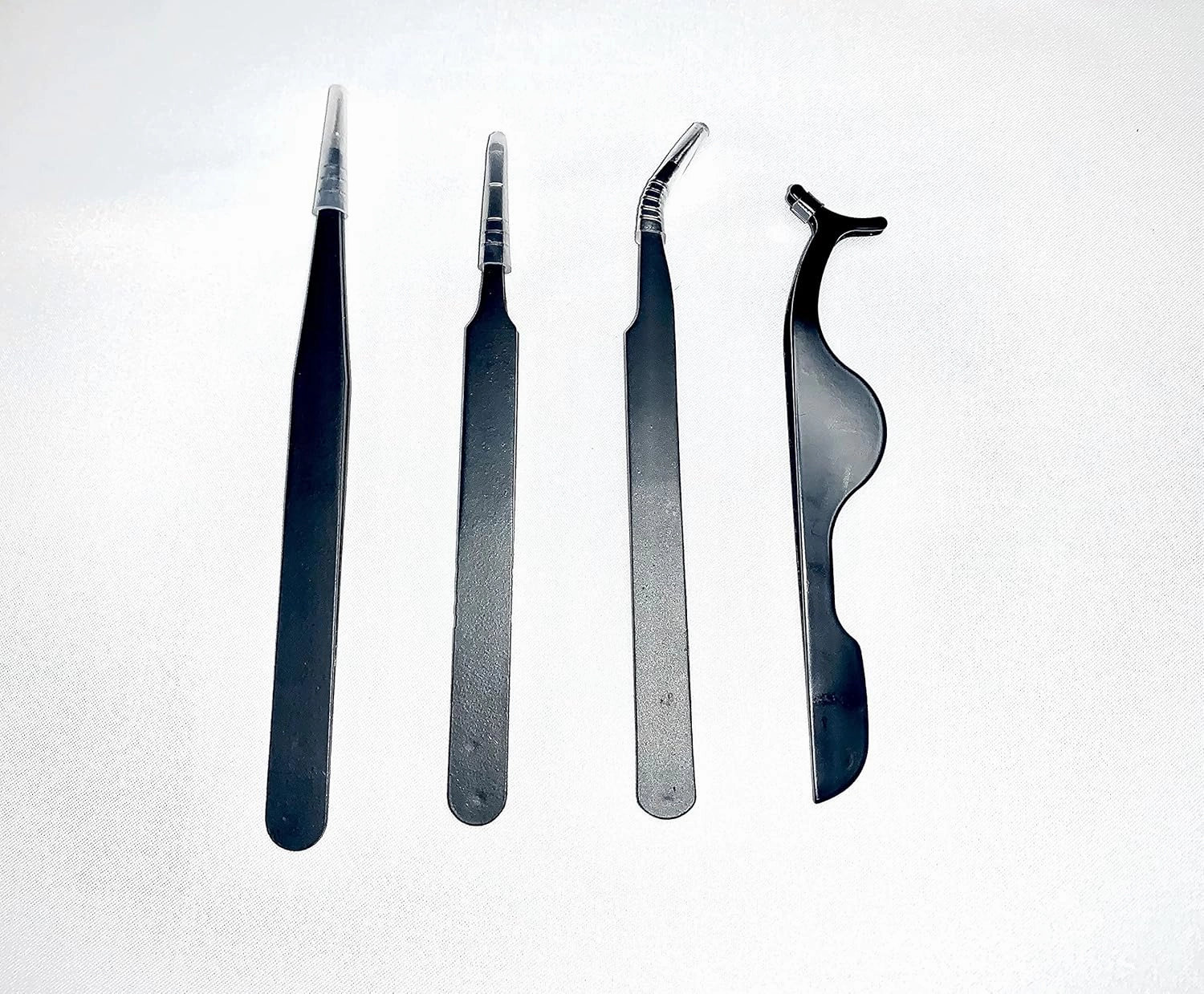 Black Stainless Steel Eyelash Tweezers Set 4PCS / Curved/Straight/Applicator