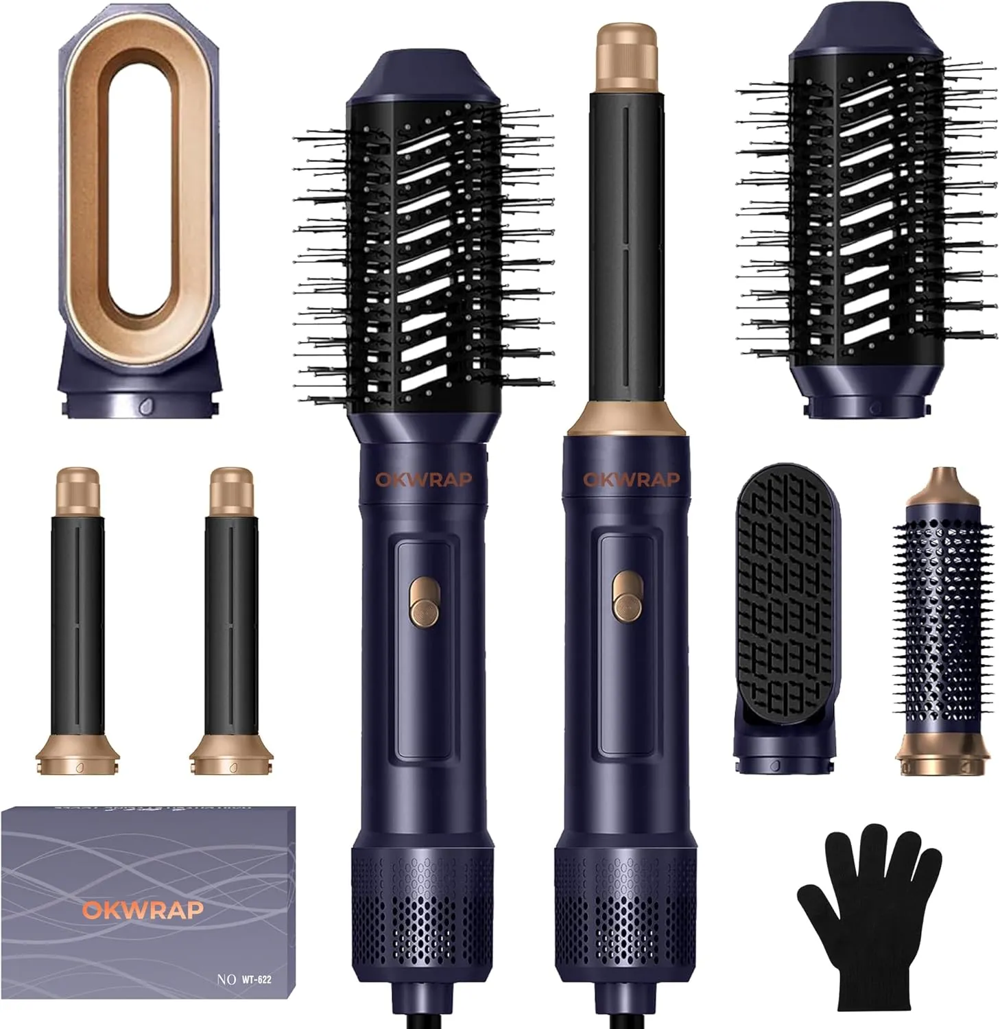 Blow Dryer Brush, 6 in 1 Auto Air Curling Iron Set 3 Temperature 1000W Powerful Negative Ionic Hair Dryer Brush Set with Thermal Brush, 60000RPM Hot Air Brush, Left&Right Curler Wand (Golden Blue)