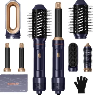 Blow Dryer Brush, 6 in 1 Auto Air Curling Iron Set 3 Temperature 1000W Powerful Negative Ionic Hair Dryer Brush Set with Thermal Brush, 60000RPM Hot Air Brush, Left&Right Curler Wand (Golden Blue)