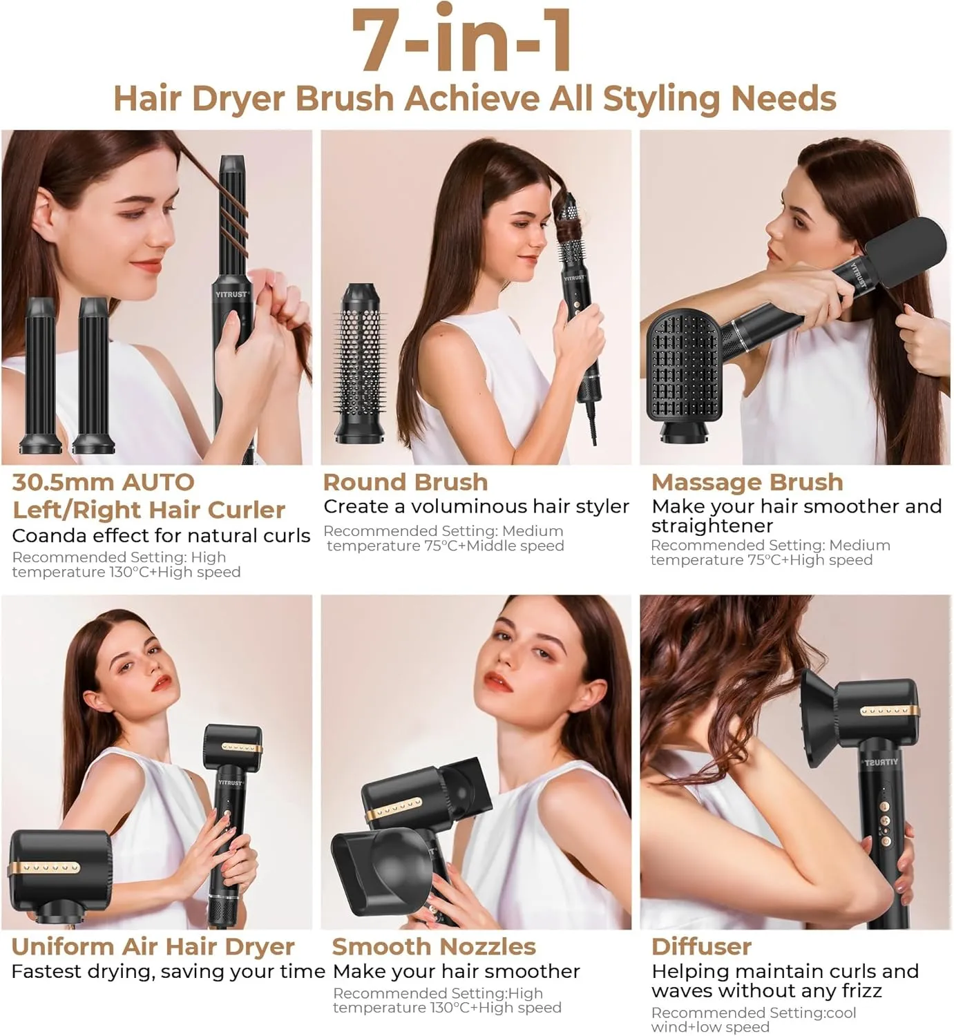 Blow Dryer Brush 7inONE,110000RPM High-Speed Negative Ionic Hair Dryer with Diffuser Concentrator,Curling Iron Hair Straightener Round Brush Blow Out Magic Styler,Volumizing Air Styler (Black Gold)