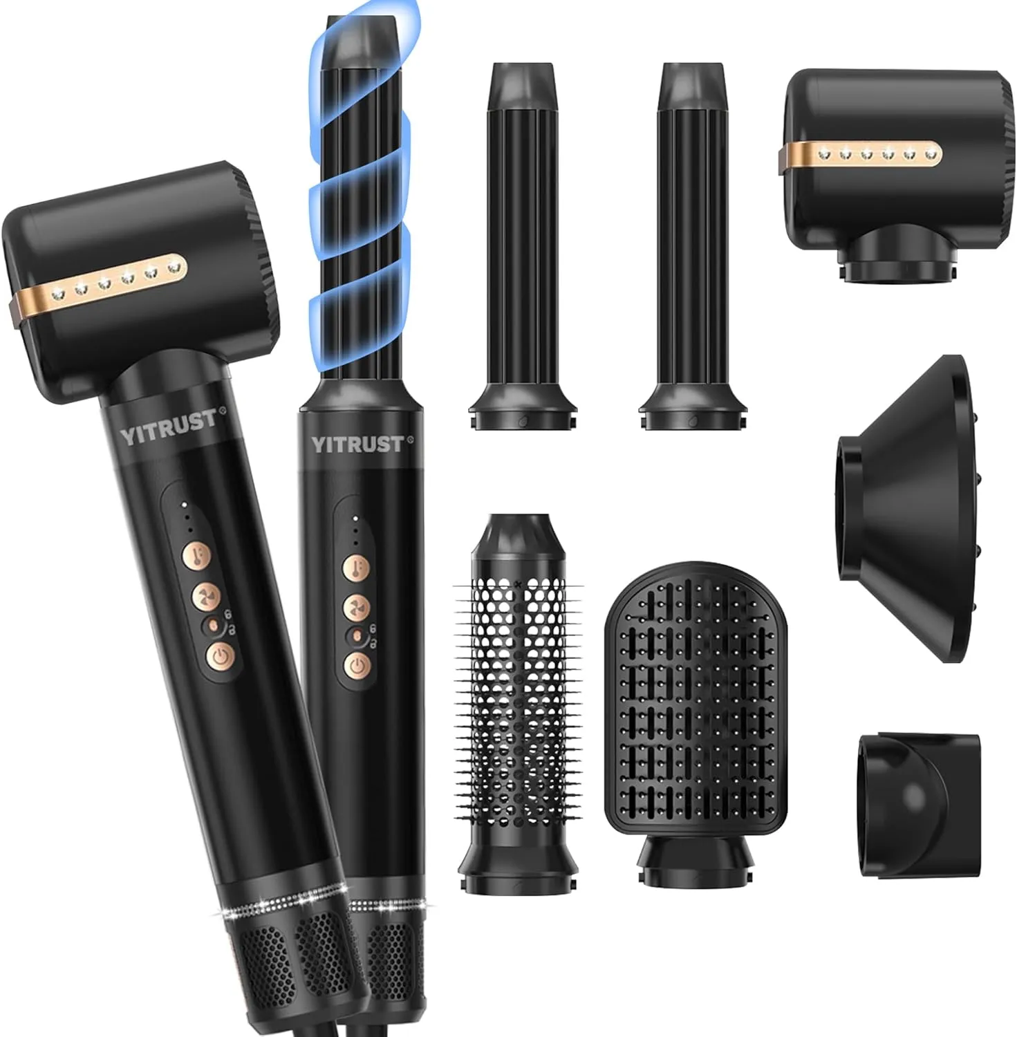 Blow Dryer Brush 7inONE,110000RPM High-Speed Negative Ionic Hair Dryer with Diffuser Concentrator,Curling Iron Hair Straightener Round Brush Blow Out Magic Styler,Volumizing Air Styler (Black Gold)