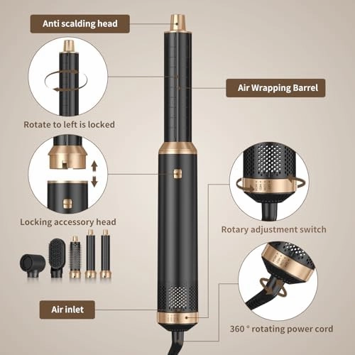 Blow Dryer Brush, 5 in 1 Upgrade Hair Dryer Brush Air Curler Air Curling Wrap Styler, Detachable Hot Air Brush Negative Ion Curling Brush Iron, Hair Styling Tools for Drying Curling Straightening