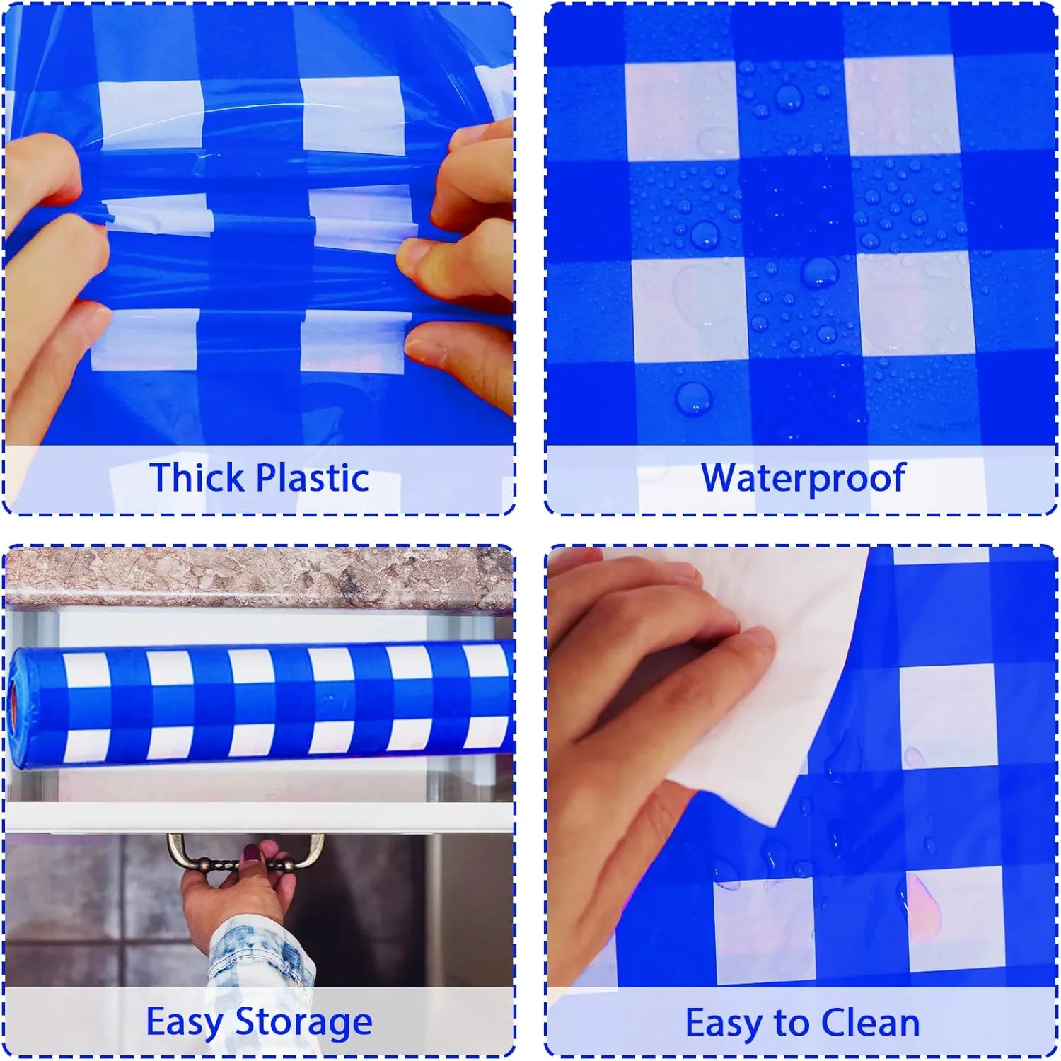 Blue and White Checkered Tablecloth Roll 52 in x 100 Ft Blue Checkered Picnic Party Supplies Camping Party Tablecloth for Indoor Outdoor Events Family Banquet Parties and Celebrations（Plastic ）