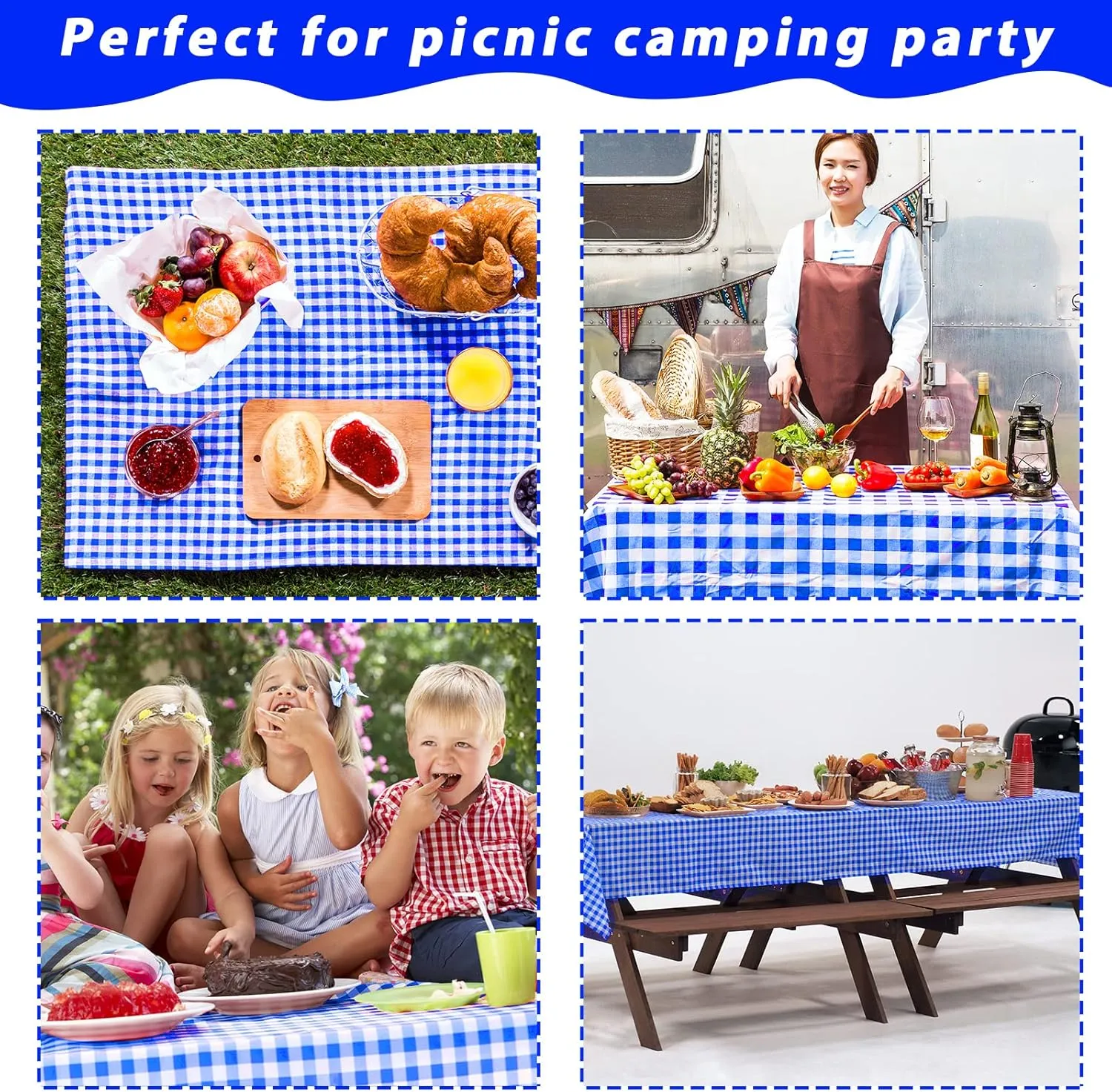 Blue and White Checkered Tablecloth Roll 52 in x 100 Ft Blue Checkered Picnic Party Supplies Camping Party Tablecloth for Indoor Outdoor Events Family Banquet Parties and Celebrations（Plastic ）