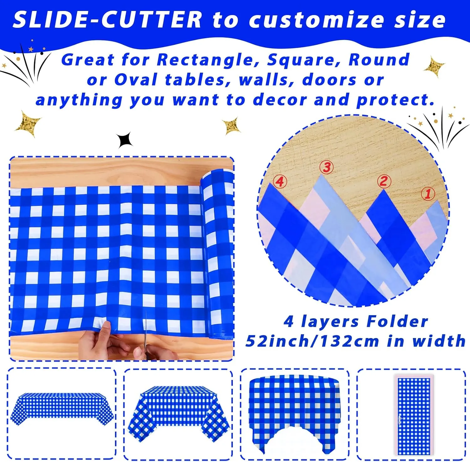 Blue and White Checkered Tablecloth Roll 52 in x 100 Ft Blue Checkered Picnic Party Supplies Camping Party Tablecloth for Indoor Outdoor Events Family Banquet Parties and Celebrations（Plastic ）