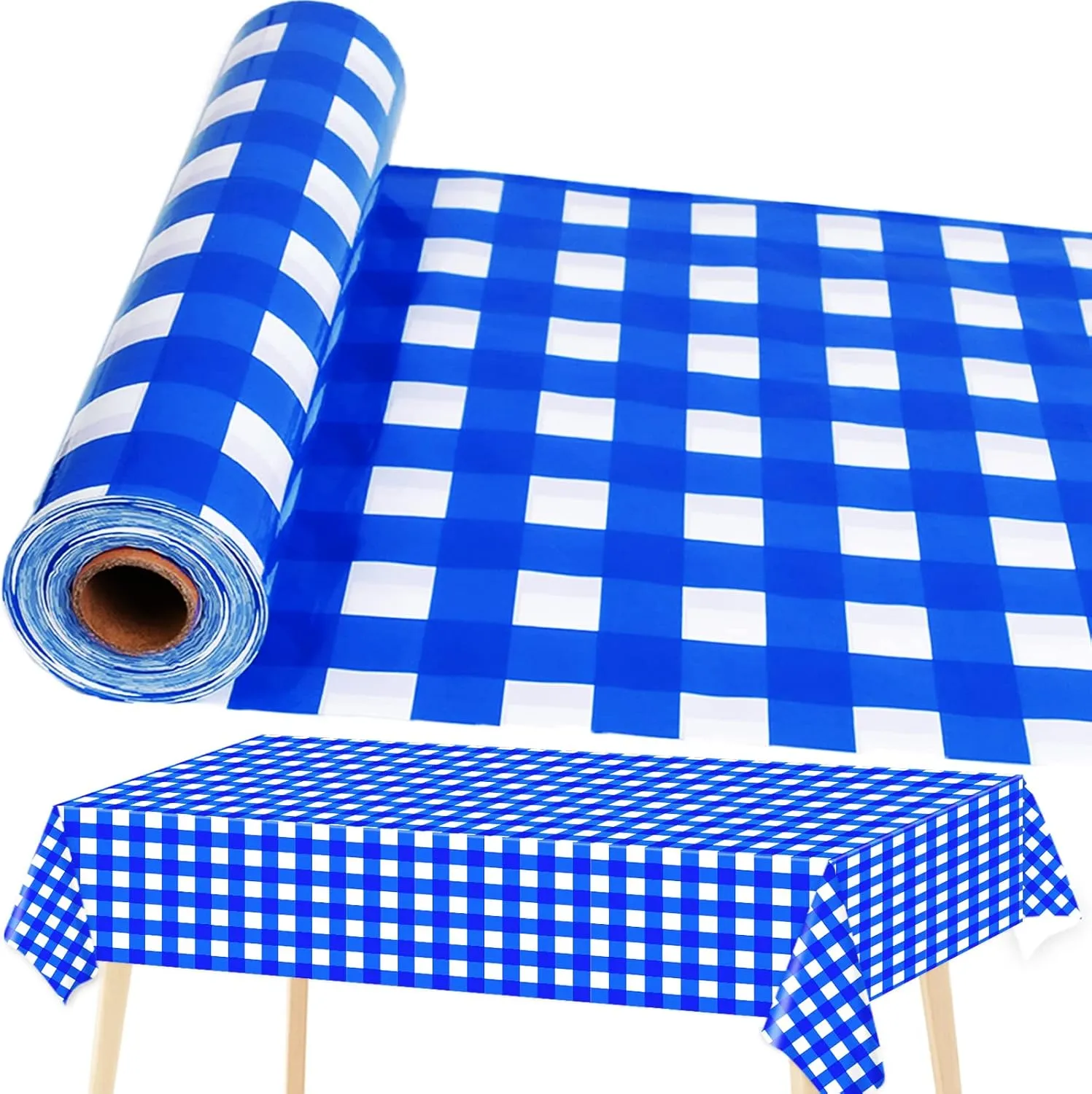 Blue and White Checkered Tablecloth Roll 52 in x 100 Ft Blue Checkered Picnic Party Supplies Camping Party Tablecloth for Indoor Outdoor Events Family Banquet Parties and Celebrations（Plastic ）