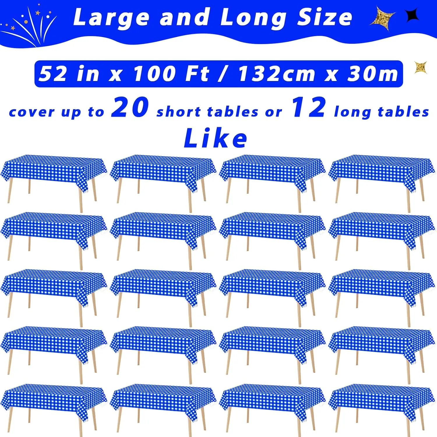 Blue and White Checkered Tablecloth Roll 52 in x 100 Ft Blue Checkered Picnic Party Supplies Camping Party Tablecloth for Indoor Outdoor Events Family Banquet Parties and Celebrations（Plastic ）