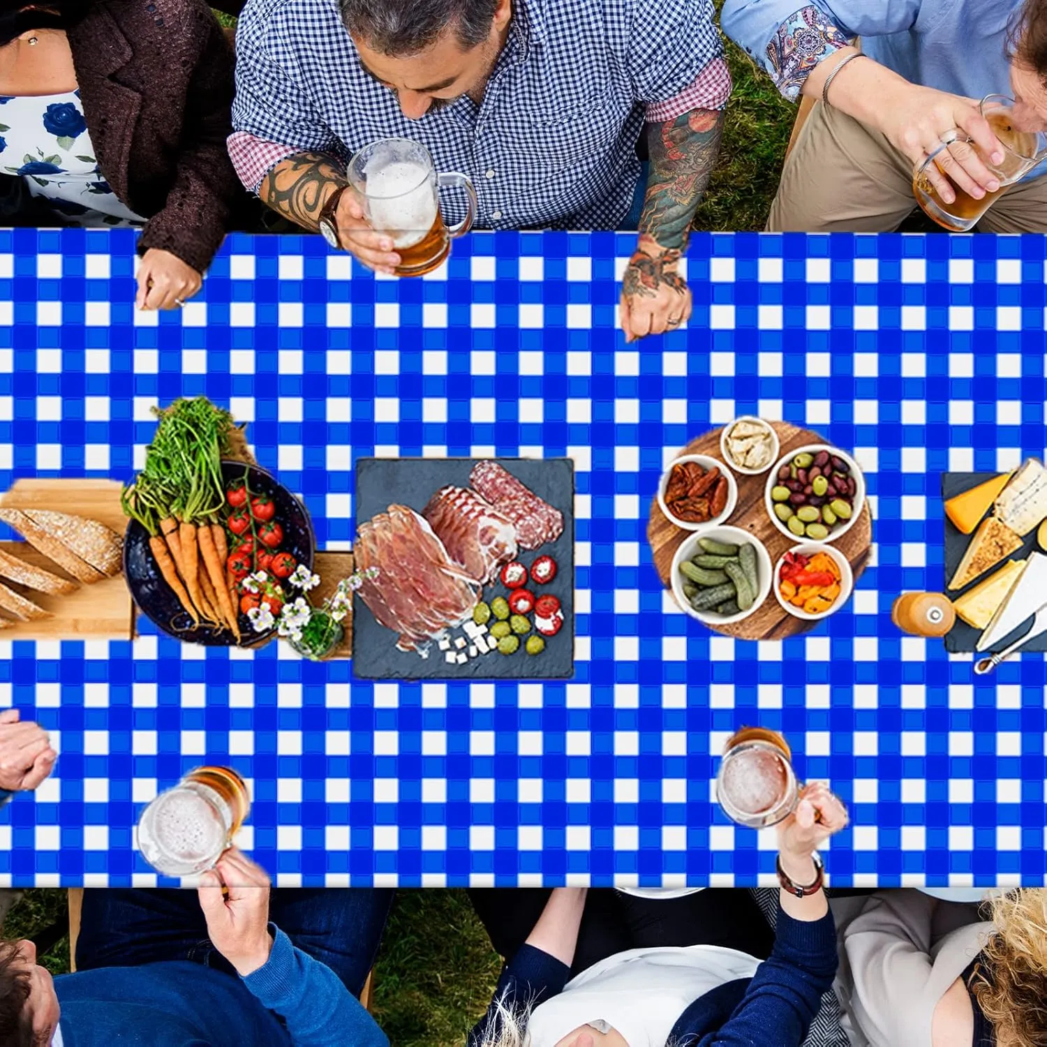 Blue and White Checkered Tablecloth Roll 52 in x 100 Ft Blue Checkered Picnic Party Supplies Camping Party Tablecloth for Indoor Outdoor Events Family Banquet Parties and Celebrations（Plastic ）