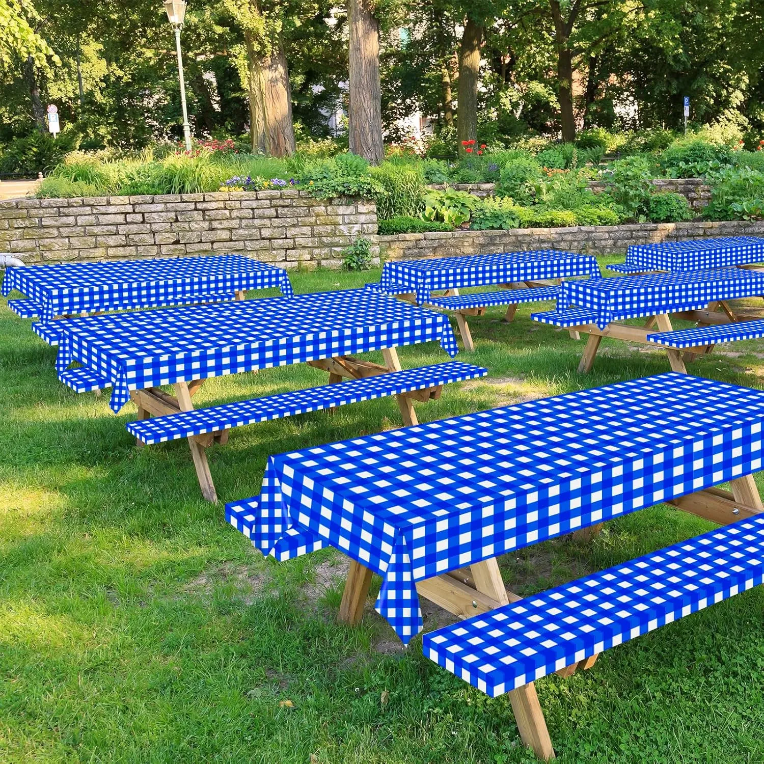 Blue and White Checkered Tablecloth Roll 52 in x 100 Ft Blue Checkered Picnic Party Supplies Camping Party Tablecloth for Indoor Outdoor Events Family Banquet Parties and Celebrations（Plastic ）