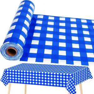 Blue and White Checkered Tablecloth Roll 52 in x 100 Ft Blue Checkered Picnic Party Supplies Camping Party Tablecloth for Indoor Outdoor Events Family Banquet Parties and Celebrations（Plastic ）