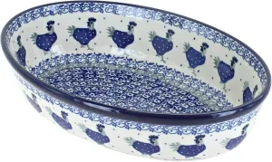 Blue Rose Polish Pottery Barnyard Rooster Small Oval Baking Dish
