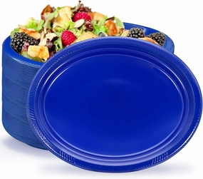 Blue Plates Disposable Heavy Duty 12" x 10" - Oval Blue Plastic Plates for Party Baby Shower Birthday Graduations Patriotic Party Independence Day(50 Count)
