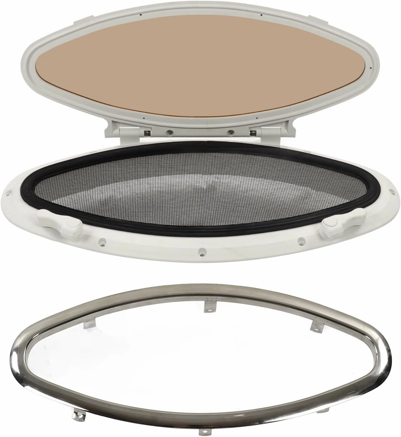 Boat Oval Opening Portlight Porthole, 470 x 210mm Yacht Porthole Window with Mesh Screen & Locking Fixed Handle, Boat Replacement Window Port Hole for Marine, Boat, Yacht, RV