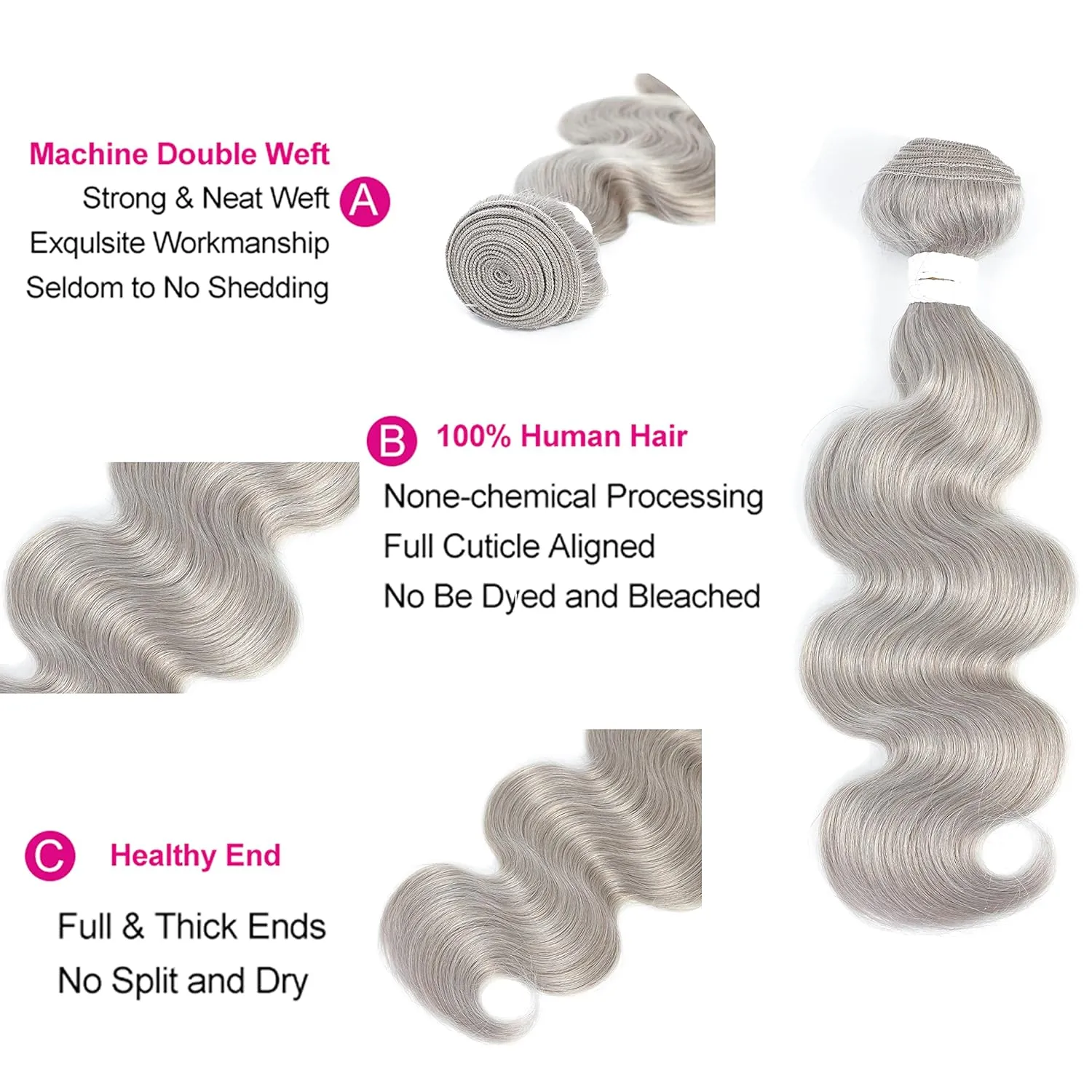 Body Wave Bundles 14Inch Grey Human Hair Bundle 100% Brazilian Remy 1 Bundle Hair Weave Double Weft Hair Extension
