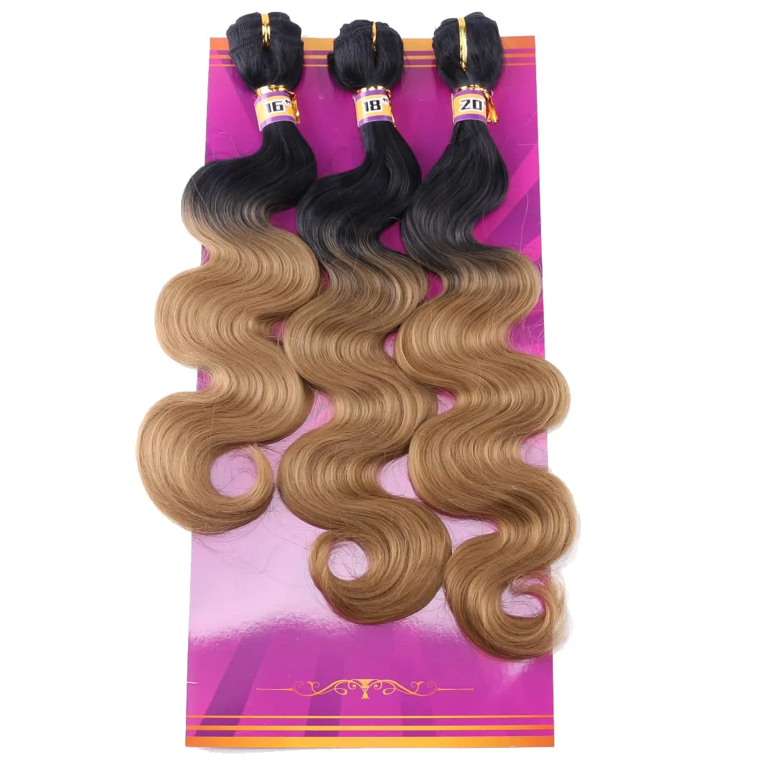 Body Wave Synthetic Hair Weave 3 Hair Bundles 16 18 20 Inches Ombre Color Black to Golden Ombre Synthetic Hair Weft