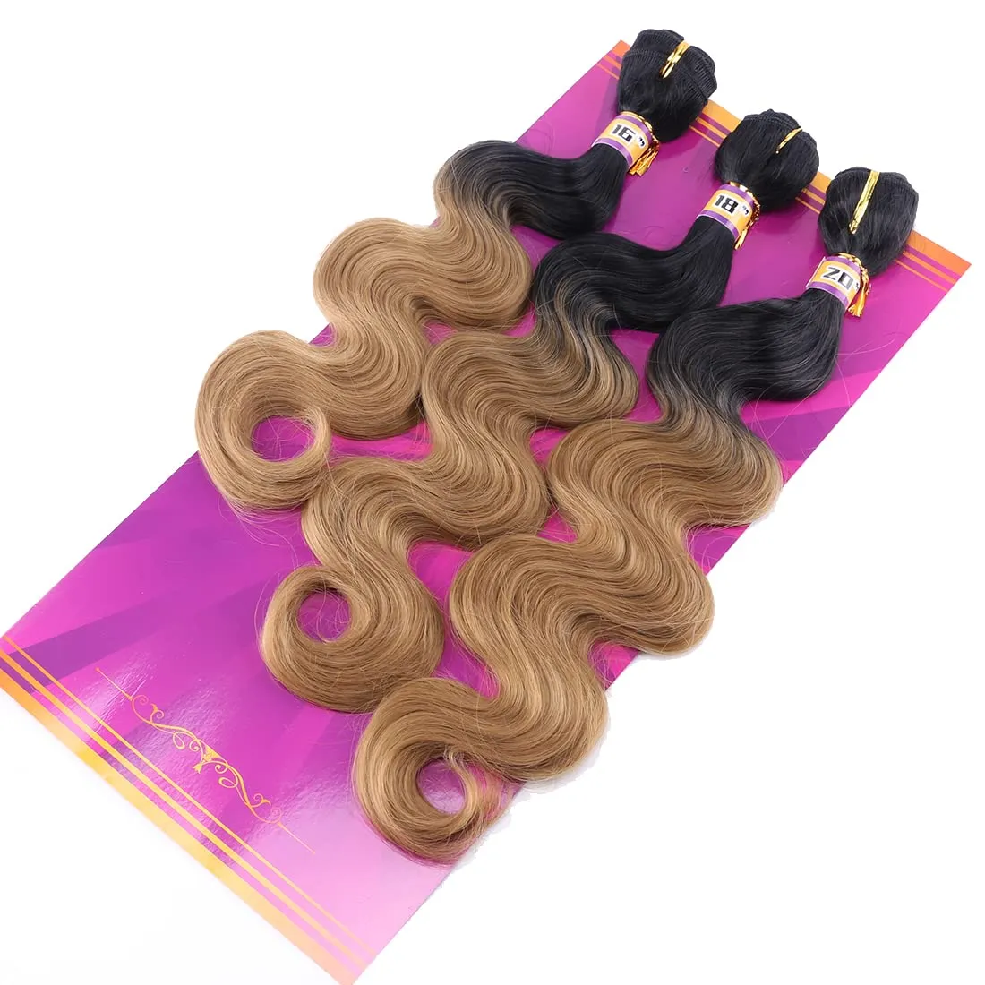 Body Wave Synthetic Hair Weave 3 Hair Bundles 16 18 20 Inches Ombre Color Black to Golden Ombre Synthetic Hair Weft