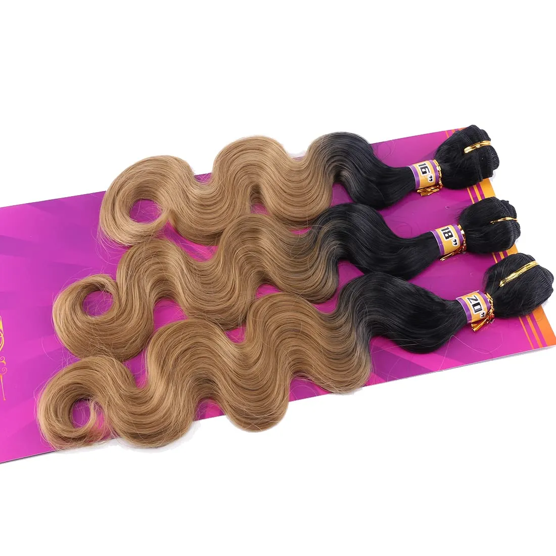 Body Wave Synthetic Hair Weave 3 Hair Bundles 16 18 20 Inches Ombre Color Black to Golden Ombre Synthetic Hair Weft