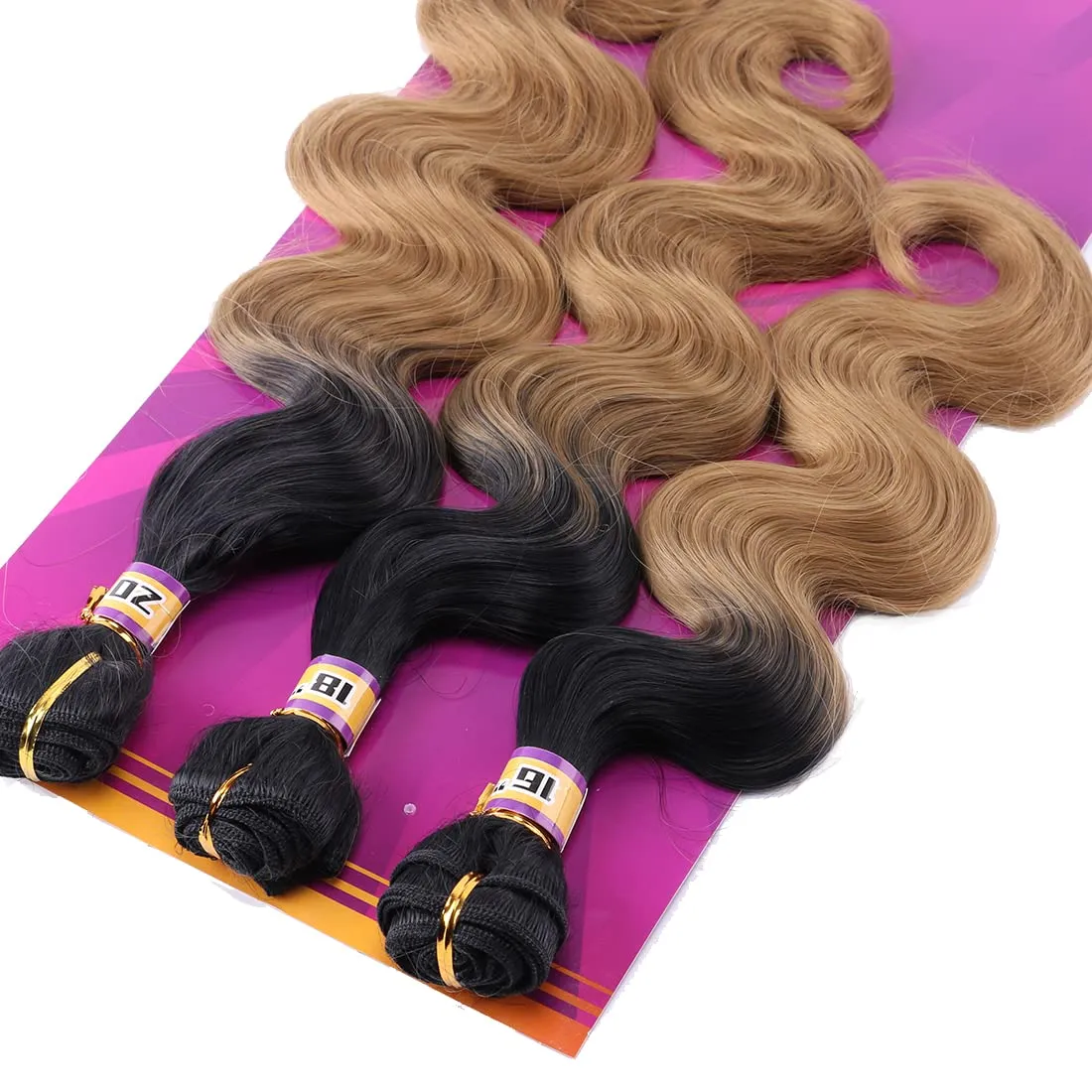 Body Wave Synthetic Hair Weave 3 Hair Bundles 16 18 20 Inches Ombre Color Black to Golden Ombre Synthetic Hair Weft