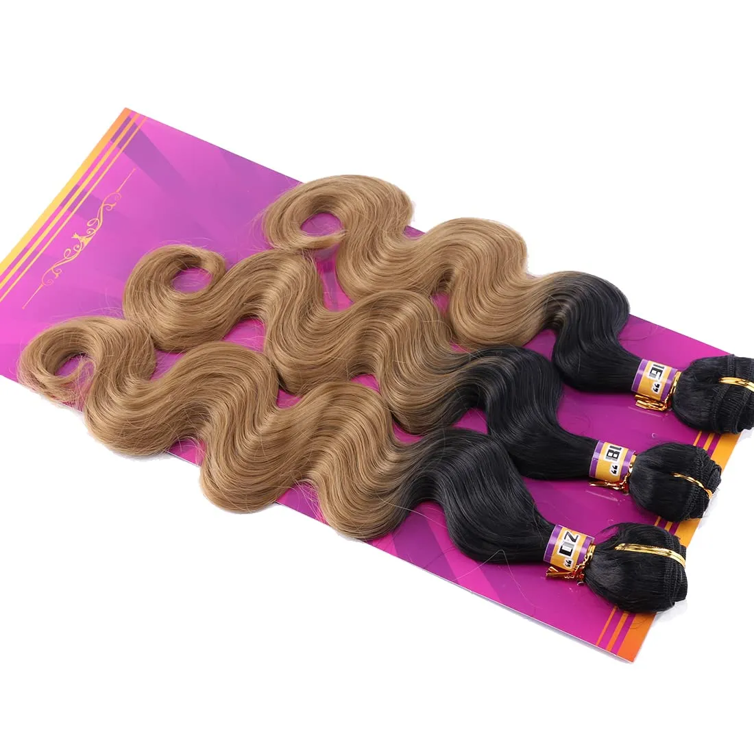 Body Wave Synthetic Hair Weave 3 Hair Bundles 16 18 20 Inches Ombre Color Black to Golden Ombre Synthetic Hair Weft