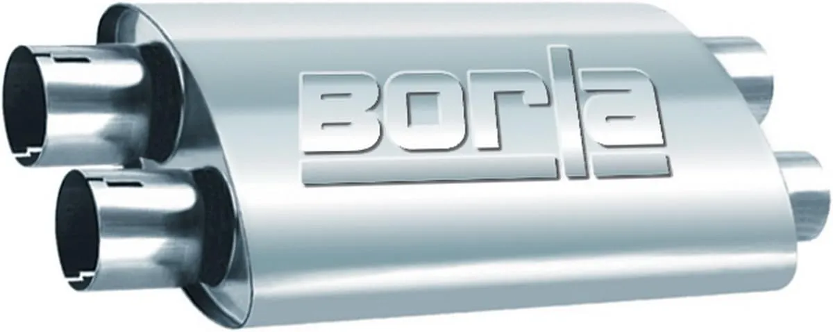 BORLA 400286 ProXS Universal Perf. Muffler 2.5" Dual Inlet / 2.5" Dual Outlet" x 9.5" Oval x 19" Long Body 24" Overall Length Reversible Design Onternal X-Pipe T-304 Stainless Steel