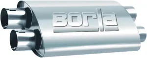 BORLA 400286 ProXS Universal Perf. Muffler 2.5" Dual Inlet / 2.5" Dual Outlet" x 9.5" Oval x 19" Long Body 24" Overall Length Reversible Design Onternal X-Pipe T-304 Stainless Steel